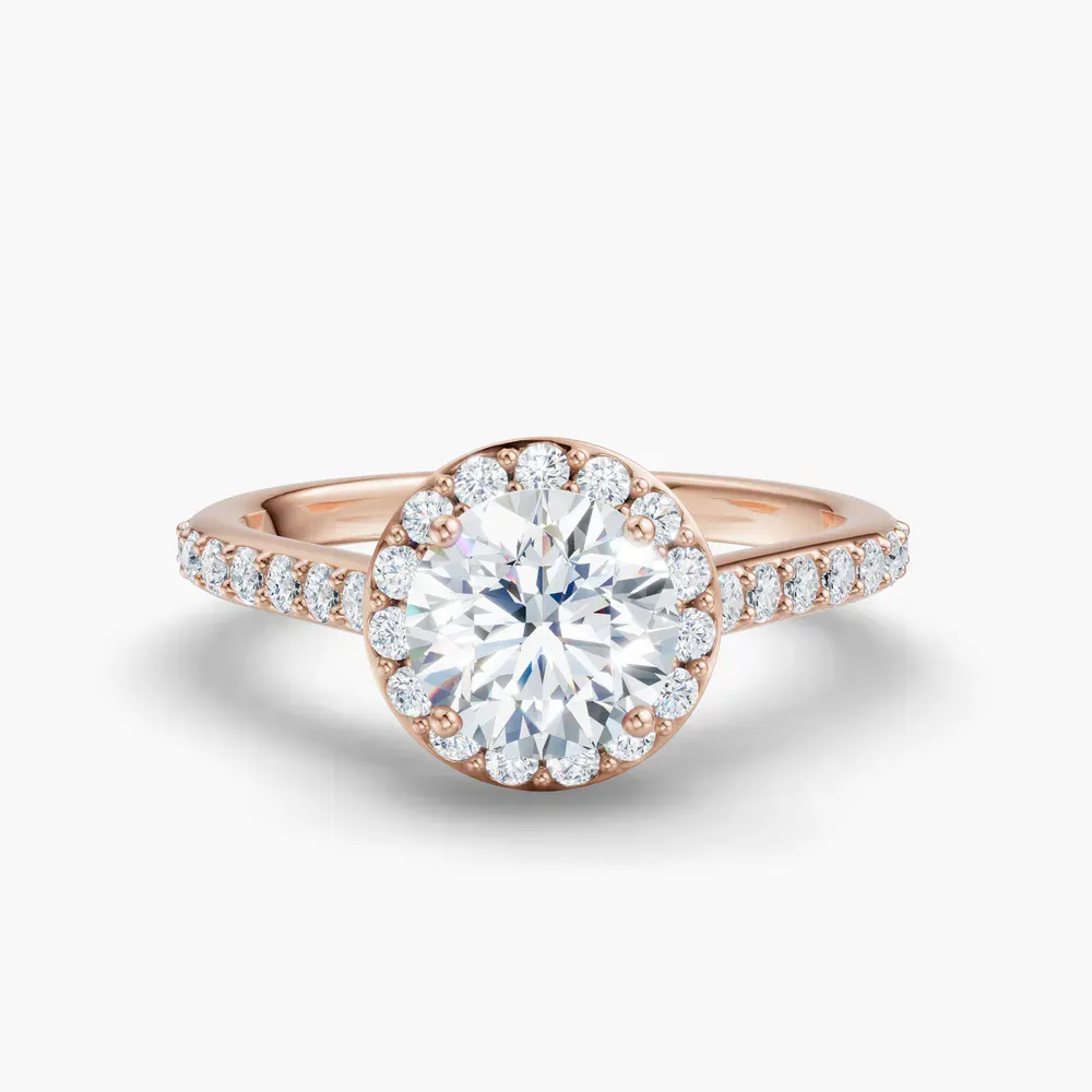 Certified 1 carat Lab Grown Diamond Round Cut Pavé, Halo, Cathedral Engagement Ring in 14K Rose Gold-Kvolt