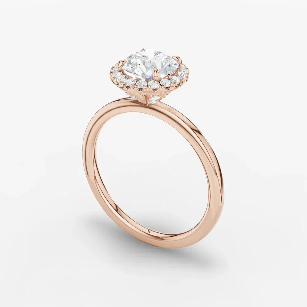 Certified 1 carat Lab Grown Diamond Round Cut Halo, Hidden Halo, Four Prong Engagement Ring in 14K Rose Gold-Elite Noctil
