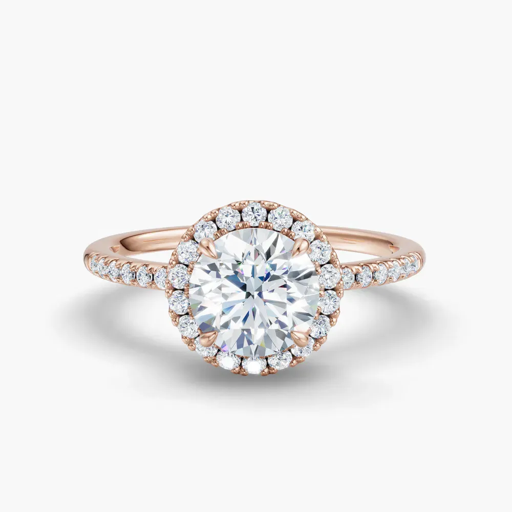 Certified 1 carat Lab Grown Diamond Round Cut Halo, Pavé, Classic Engagement Ring in 14K Rose Gold-Elite Vaelumette