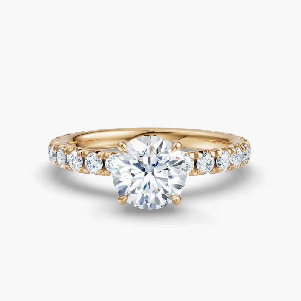 Certified 1 carat Lab Grown Diamond Round Cut Pavé, Hidden Halo, Four Prong Engagement Ring in 14K Yellow Gold-Cyrra