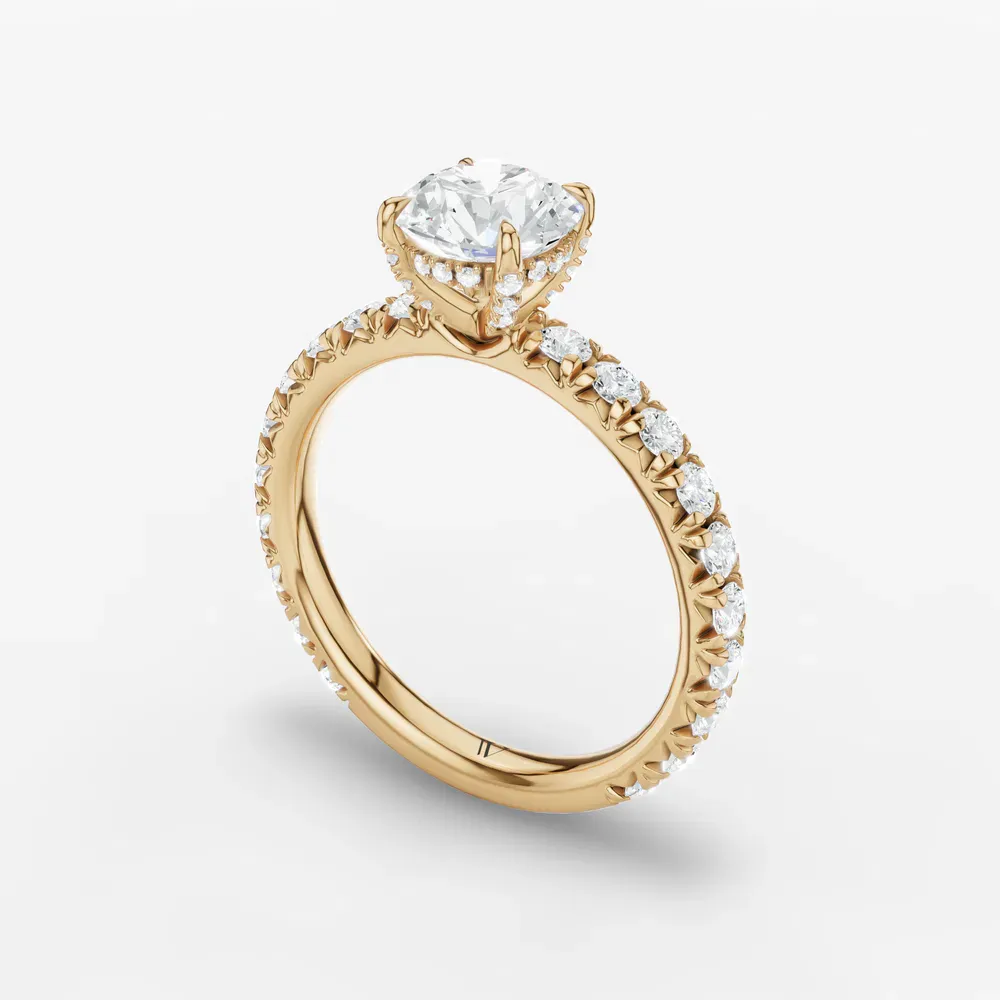 Certified 1 carat Lab Grown Diamond Round Cut Pavé, Hidden Halo, Four Prong Engagement Ring in 14K Yellow Gold-Cyrra