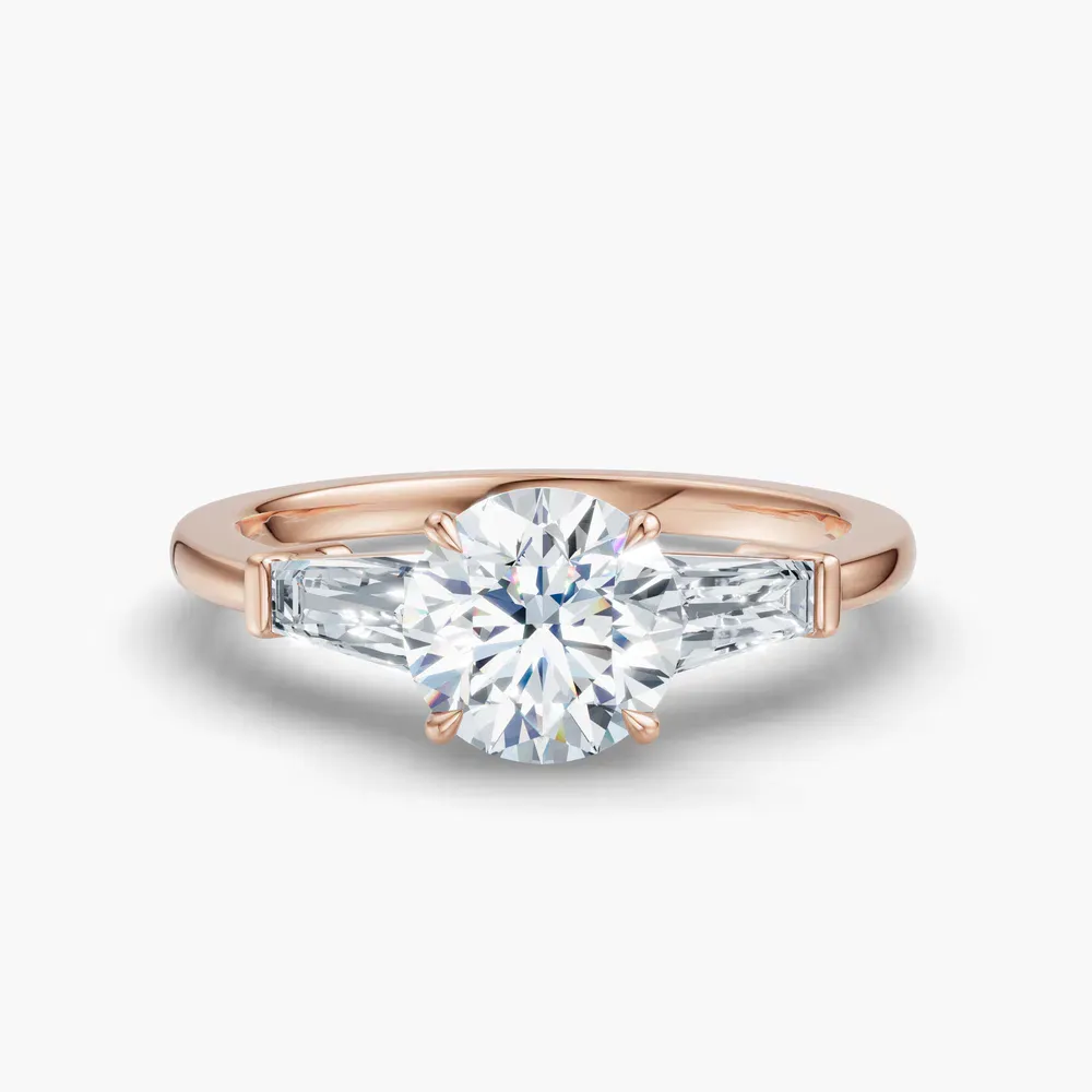 Certified 1 carat Lab Grown Diamond Round Cut Three Stone, Baguette, Cathedral Engagement Ring in 14K Rose Gold-Glyss