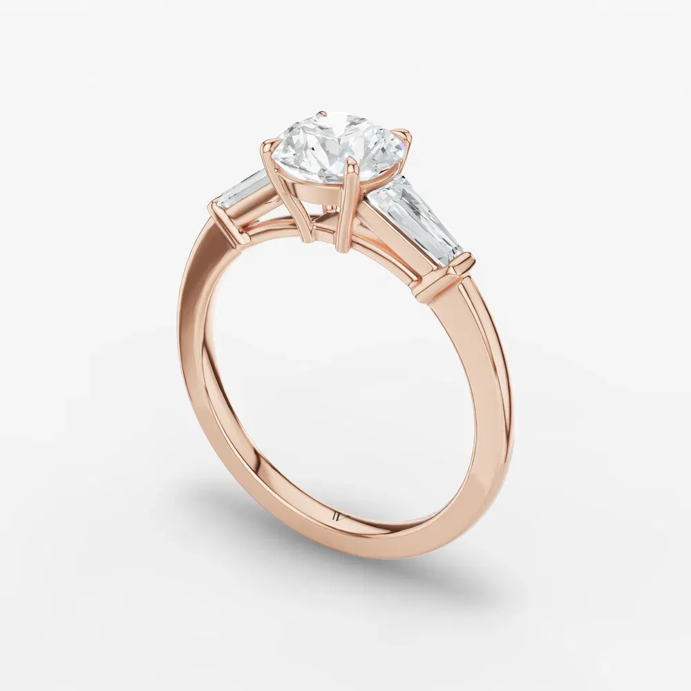 Certified 1 carat Lab Grown Diamond Round Cut Three Stone, Baguette, Cathedral Engagement Ring in 14K Rose Gold-Glyss