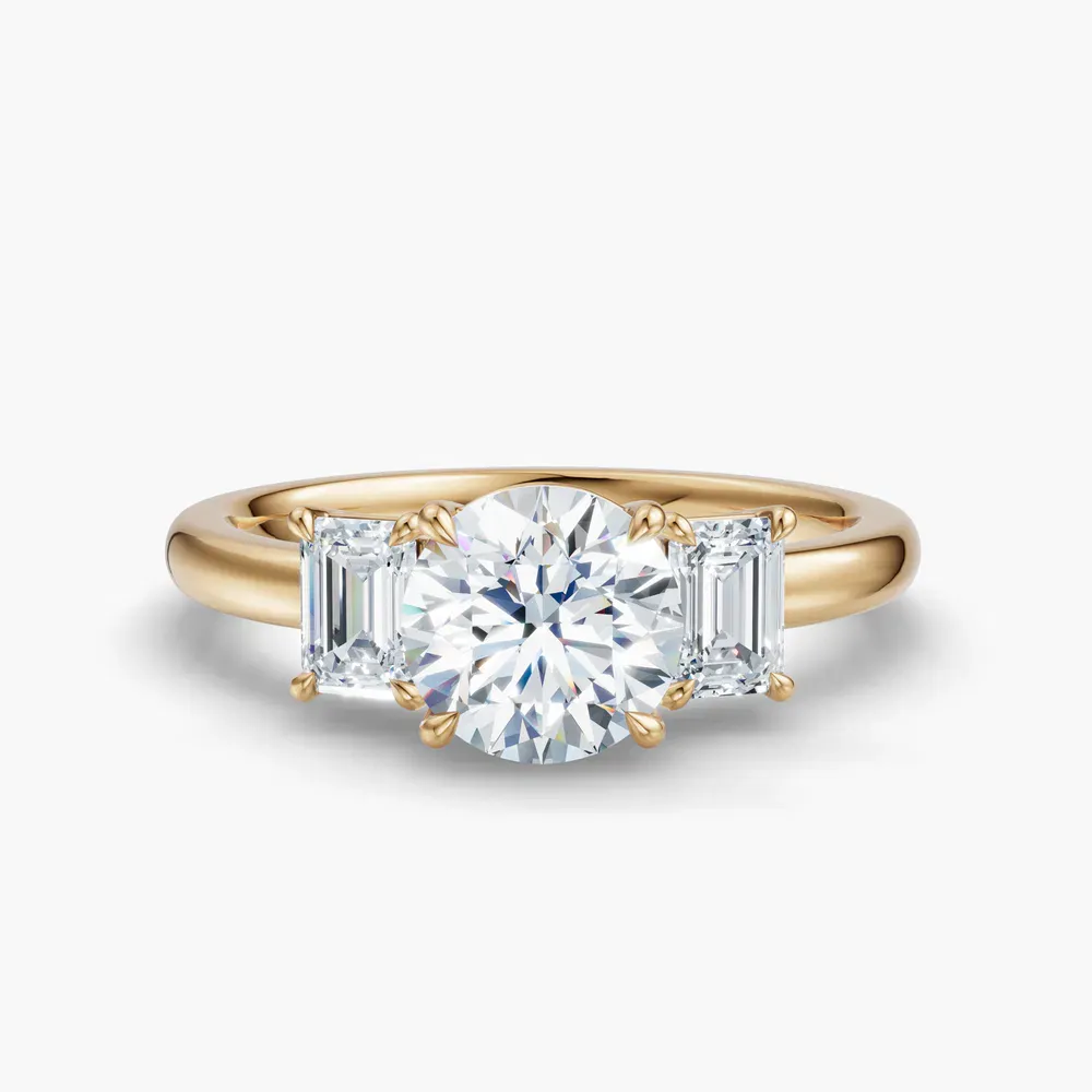 Certified 1 carat Lab Grown Diamond Round Cut Three Stone, Four Prong, Side Stone Engagement Ring in 14K Yellow Gold-Nectarl