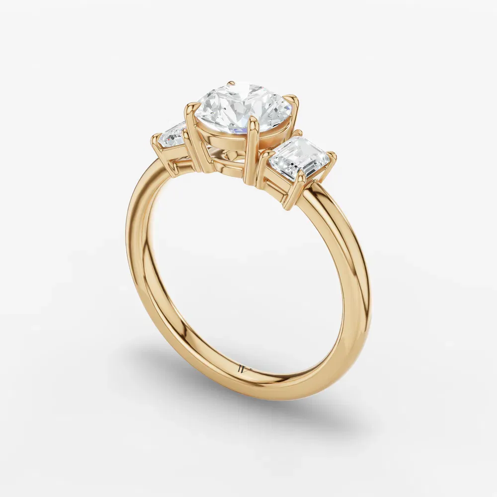 Certified 1 carat Lab Grown Diamond Round Cut Three Stone, Four Prong, Side Stone Engagement Ring in 14K Yellow Gold-Nectarl