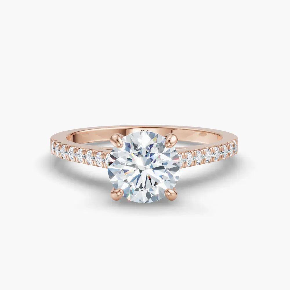 Certified 1 carat Lab Grown Diamond Round Cut Pavé, Cathedral, Four Prong Engagement Ring in 14K Rose Gold-Zirellun