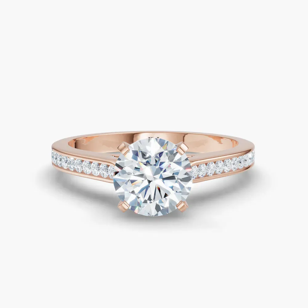 Certified 1 carat Lab Grown Diamond Round Cut Cathedral, Channel Set, Four Prong Engagement Ring in 14K Rose Gold-Velora