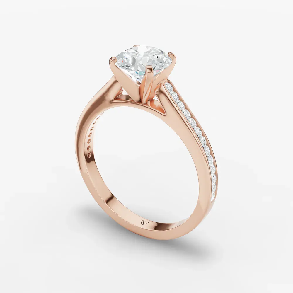 Certified 1 carat Lab Grown Diamond Round Cut Cathedral, Channel Set, Four Prong Engagement Ring in 14K Rose Gold-Velora