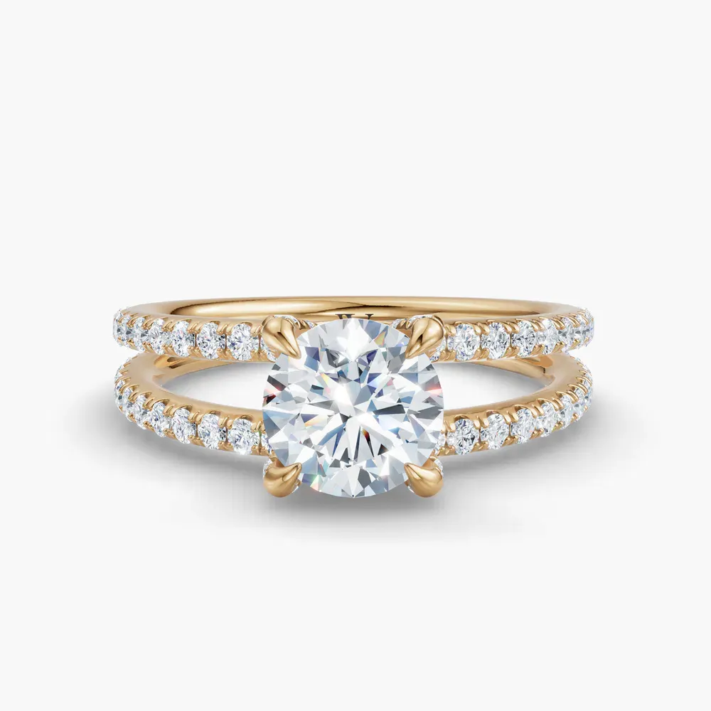 Certified 1 carat Lab Grown Diamond Round Cut Pavé, Split Shank, Hidden Halo Engagement Ring in 14K Yellow Gold-Soren
