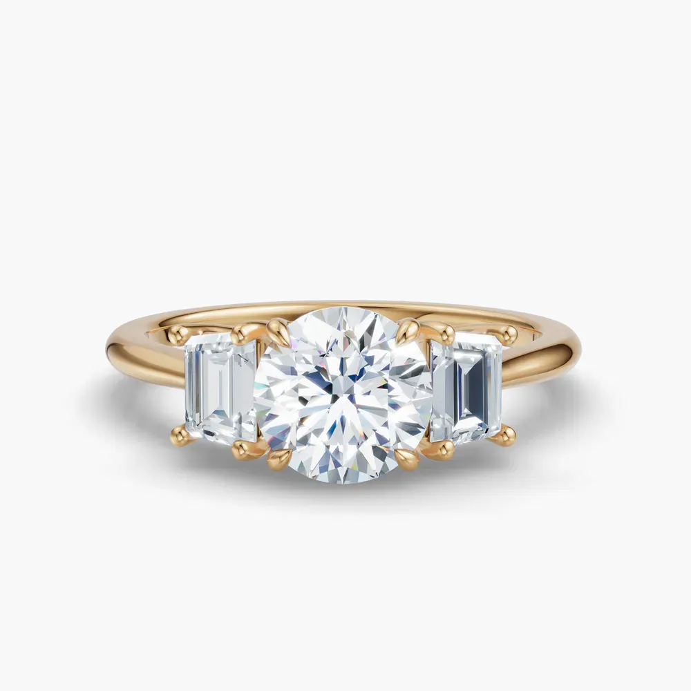 Certified 1 carat Lab Grown Diamond Round Cut Three Stone, Four Prong, Side Stone Engagement Ring in 14K Yellow Gold-Cygnus