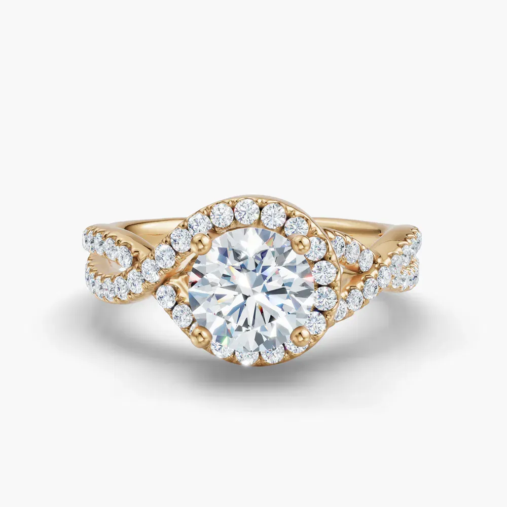 Certified 1 carat Lab Grown Diamond Round Cut Unique, Pavé, Halo Engagement Ring in 14K Yellow Gold-Stellune