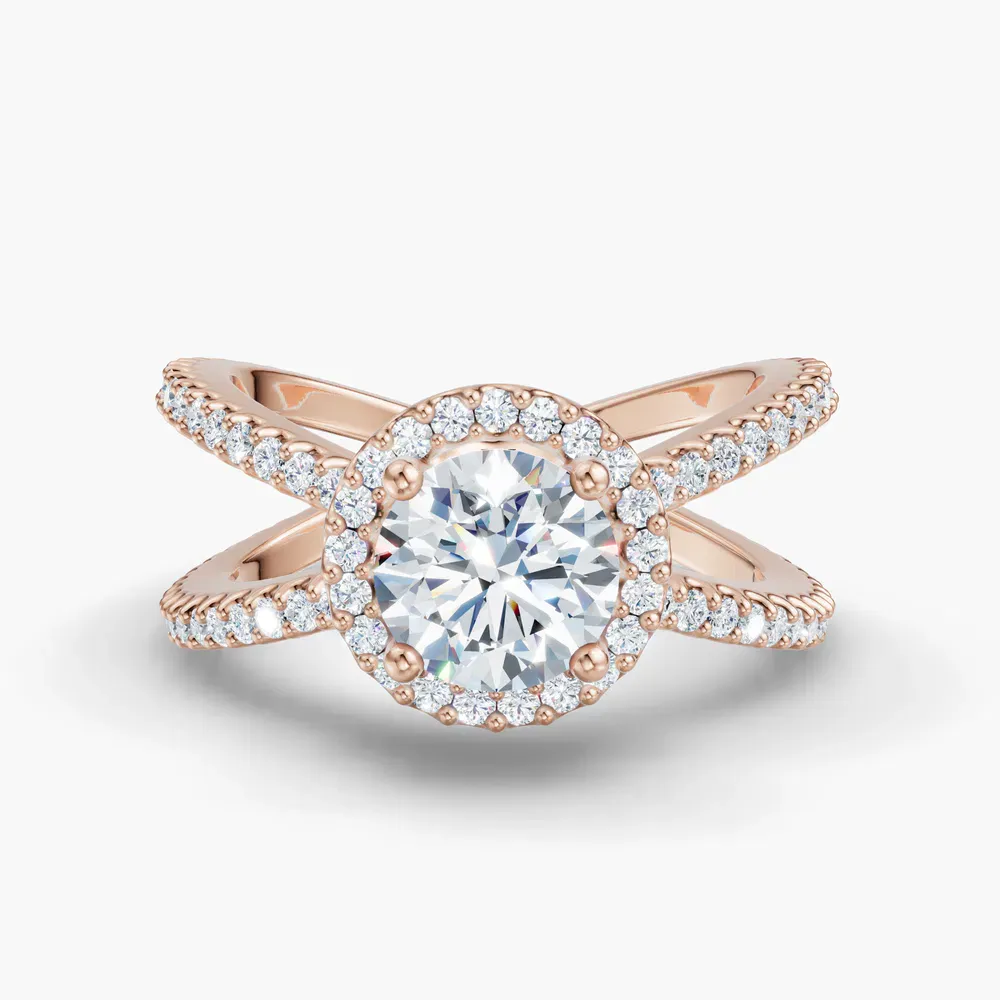 Certified 1 carat Lab Grown Diamond Round Cut Pavé, Halo, Split Shank Engagement Ring in 14K Rose Gold-Xylius