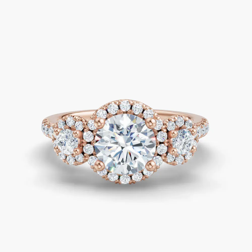 Certified 1 carat Lab Grown Diamond Round Cut Three Stone, Halo, Hidden Halo Engagement Ring in 14K Rose Gold-Hylor