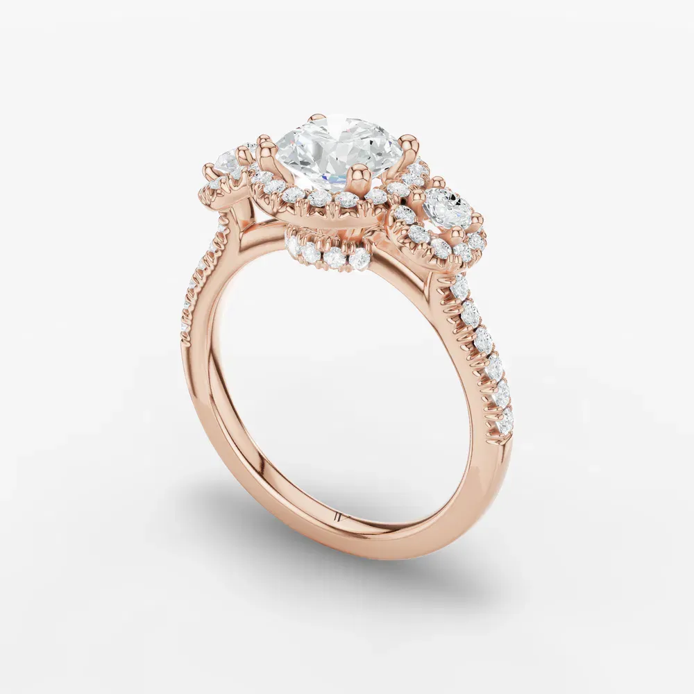 Certified 1 carat Lab Grown Diamond Round Cut Three Stone, Halo, Hidden Halo Engagement Ring in 14K Rose Gold-Hylor