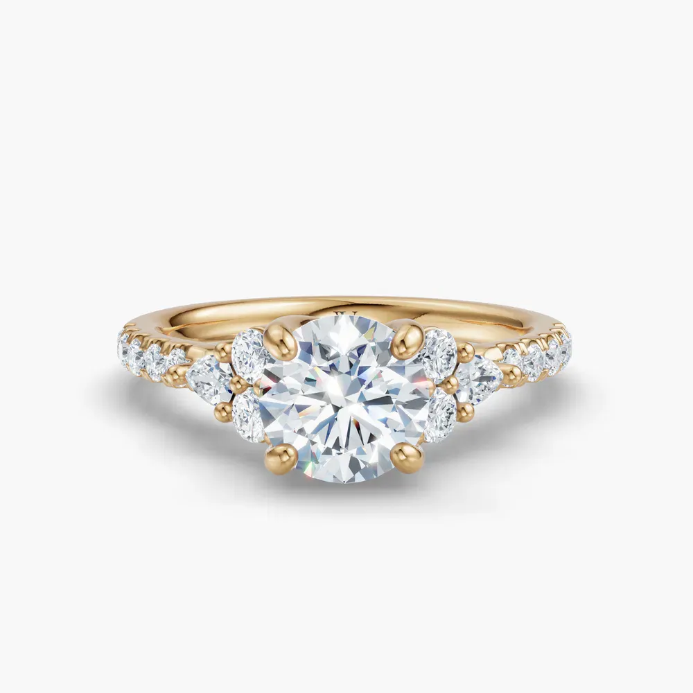 Certified 1 carat Lab Grown Diamond Round Cut Pavé, Side Stone, Four Prong Engagement Ring in 14K Yellow Gold-Tarne