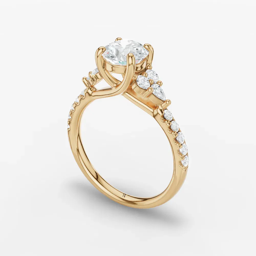 Certified 1 carat Lab Grown Diamond Round Cut Pavé, Side Stone, Four Prong Engagement Ring in 14K Yellow Gold-Tarne
