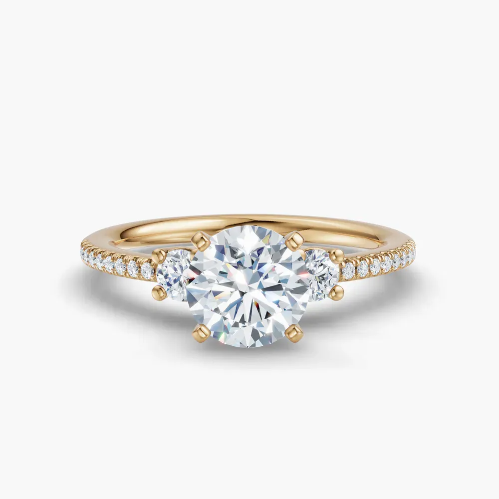Certified 1 carat Lab Grown Diamond Round Cut Three Stone, Pavé, Four Prong Engagement Ring in 14K Yellow Gold-Vynix