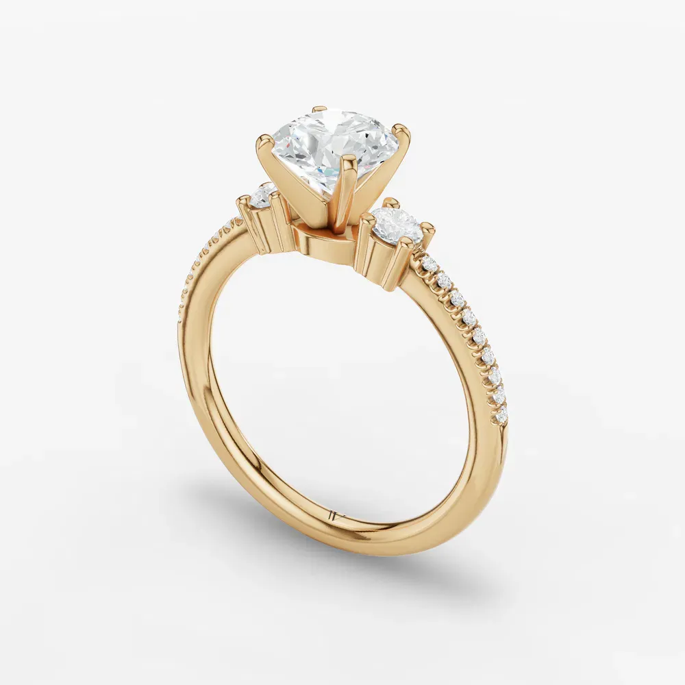 Certified 1 carat Lab Grown Diamond Round Cut Three Stone, Pavé, Four Prong Engagement Ring in 14K Yellow Gold-Vynix