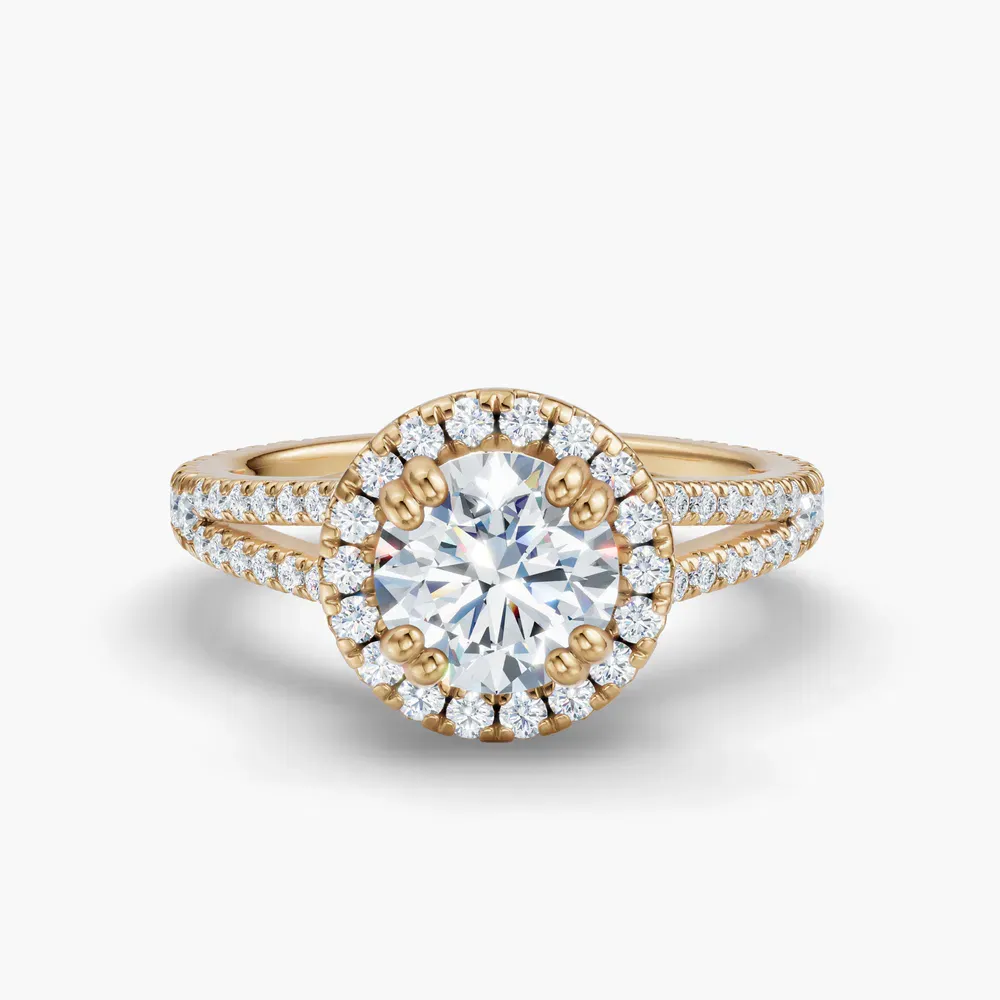 Certified 1 carat Lab Grown Diamond Round Cut Pavé, Halo, Cathedral Engagement Ring in 14K Yellow Gold-Gexis
