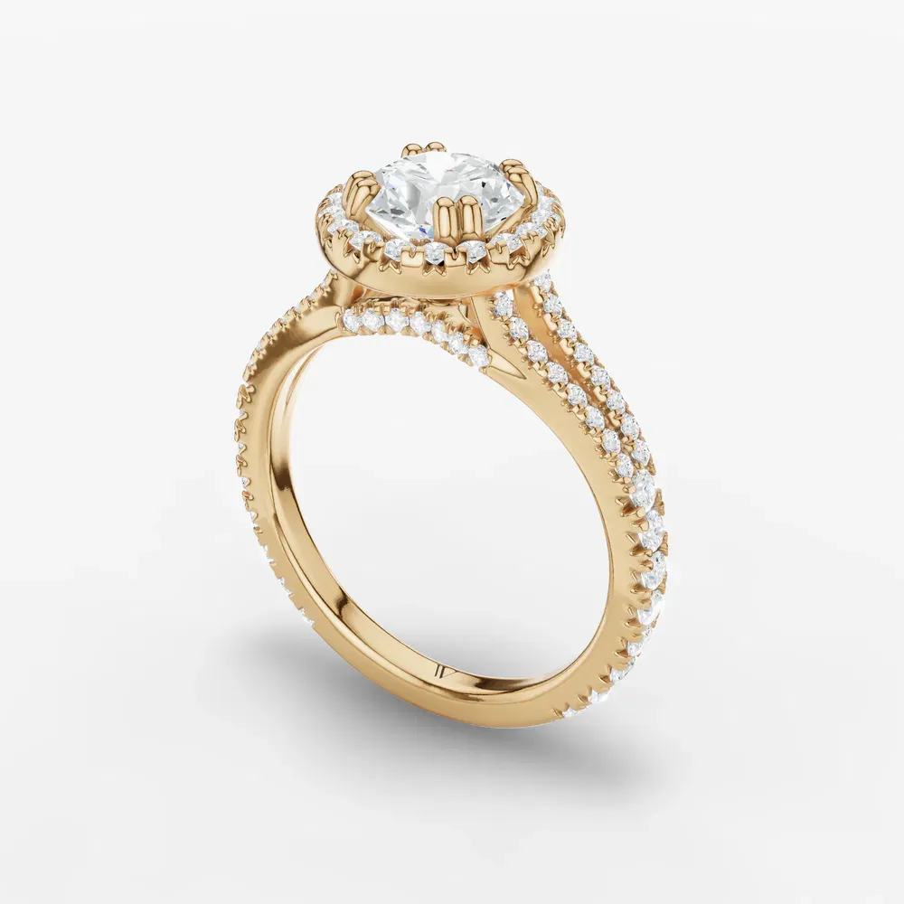 Certified 1 carat Lab Grown Diamond Round Cut Pavé, Halo, Cathedral Engagement Ring in 14K Yellow Gold-Gexis