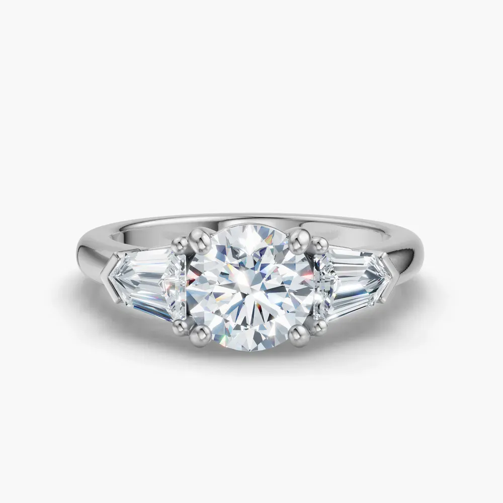 Certified 1 carat Lab Grown Diamond Round Cut Three Stone, Four Prong, Side Stone Engagement Ring in 14K White Gold-Lyris