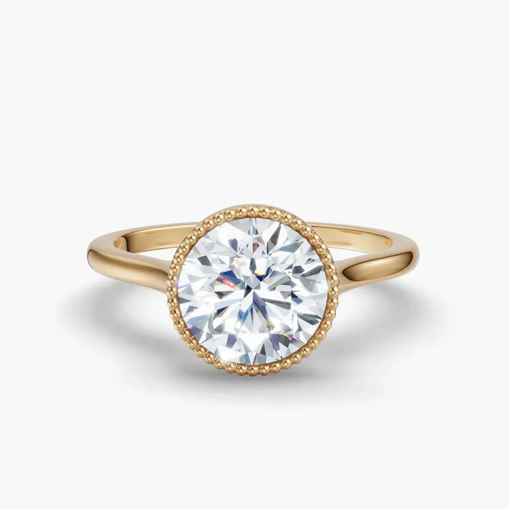 Certified 2 carat Lab Grown Diamond Round Cut Solitaire, Milgrain, Cathedral Engagement Ring in 14K Yellow Gold-Firen