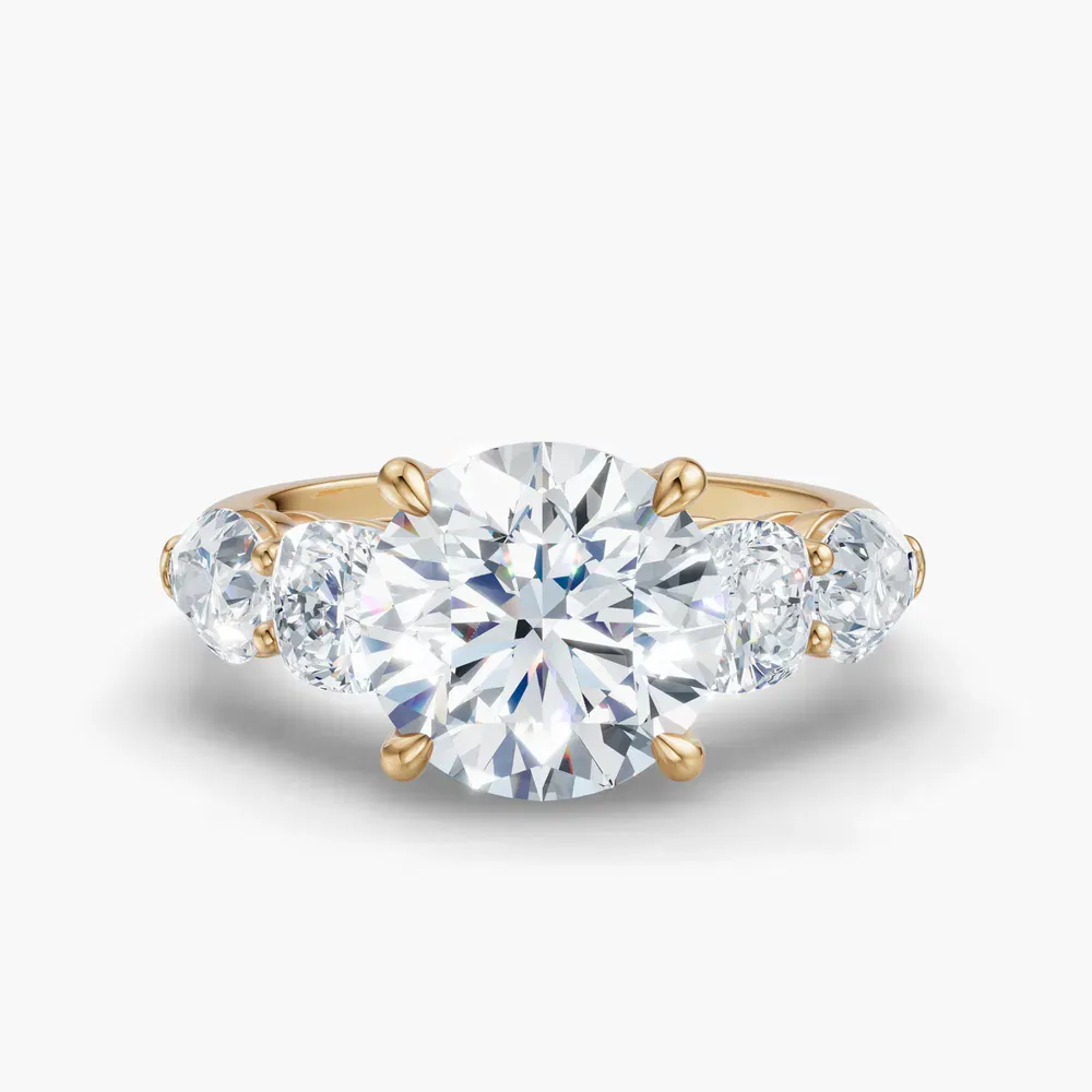 Certified 1 carat Lab Grown Diamond Round Cut Five Stone, Side Stone, Four Prong Engagement Ring in 14K Yellow Gold-Riva