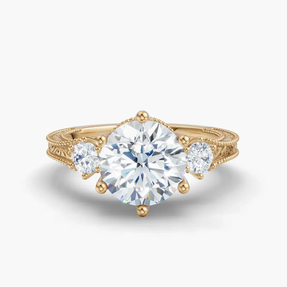 Certified 1 carat Lab Grown Diamond Round Cut Three Stone, Unique, Milgrain Engagement Ring in 14K Yellow Gold-Zara