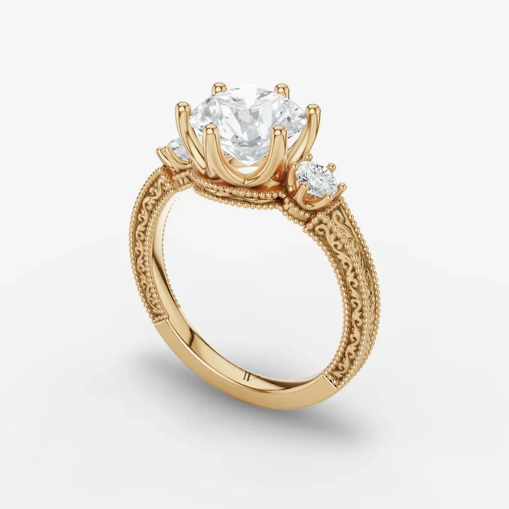 Certified 1 carat Lab Grown Diamond Round Cut Three Stone, Unique, Milgrain Engagement Ring in 14K Yellow Gold-Zara