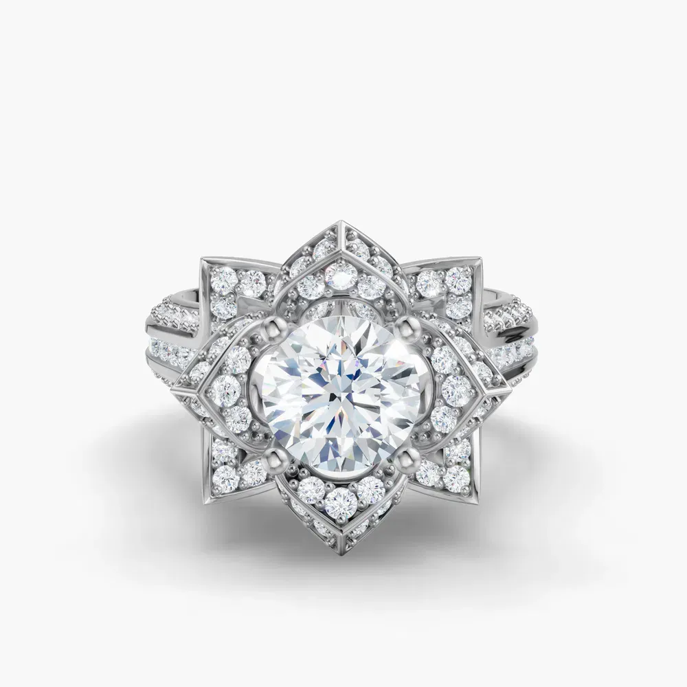 Certified 1 carat Lab Grown Diamond Round Cut Vintage, Floral, Unique Engagement Ring in 14K White Gold-Zirix