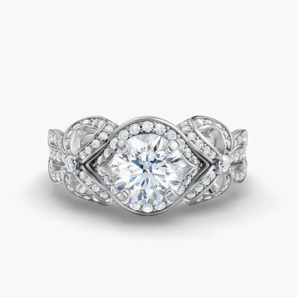 Certified 1 carat Lab Grown Diamond Round Cut Halo, Unique, Pavé Engagement Ring in 14K White Gold-Calista