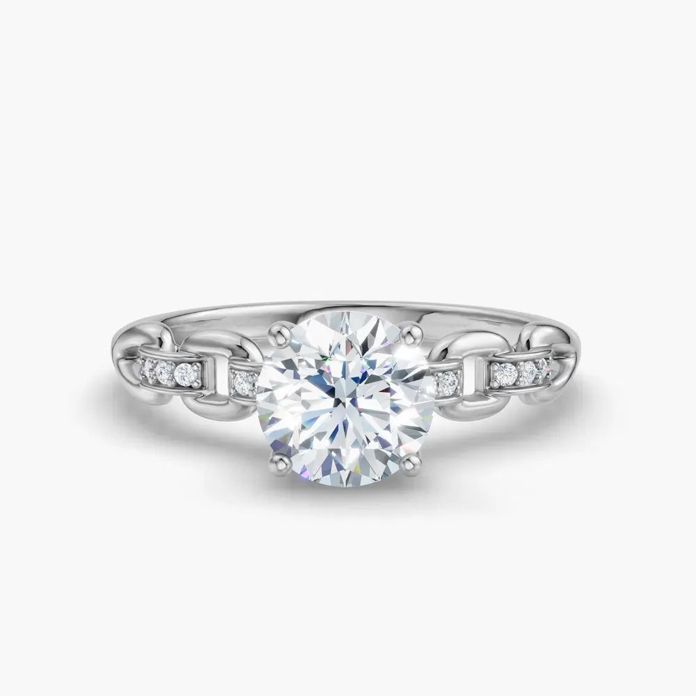 Certified 1 carat Lab Grown Diamond Round Cut Twist, Unique, Side Stone Engagement Ring in 14K White Gold-Perenne