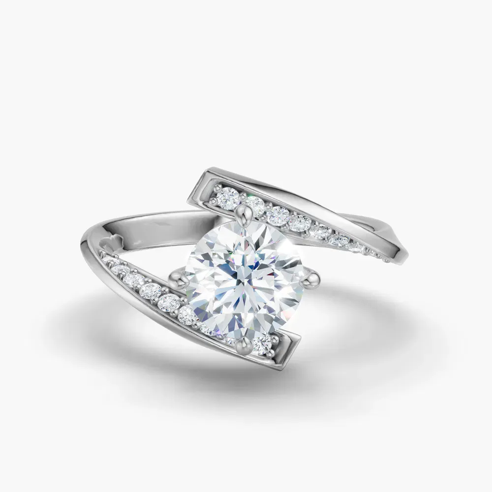 Certified 1 carat Lab Grown Diamond Round Cut Modern, Unique, Pavé Engagement Ring in 14K White Gold-Lirene