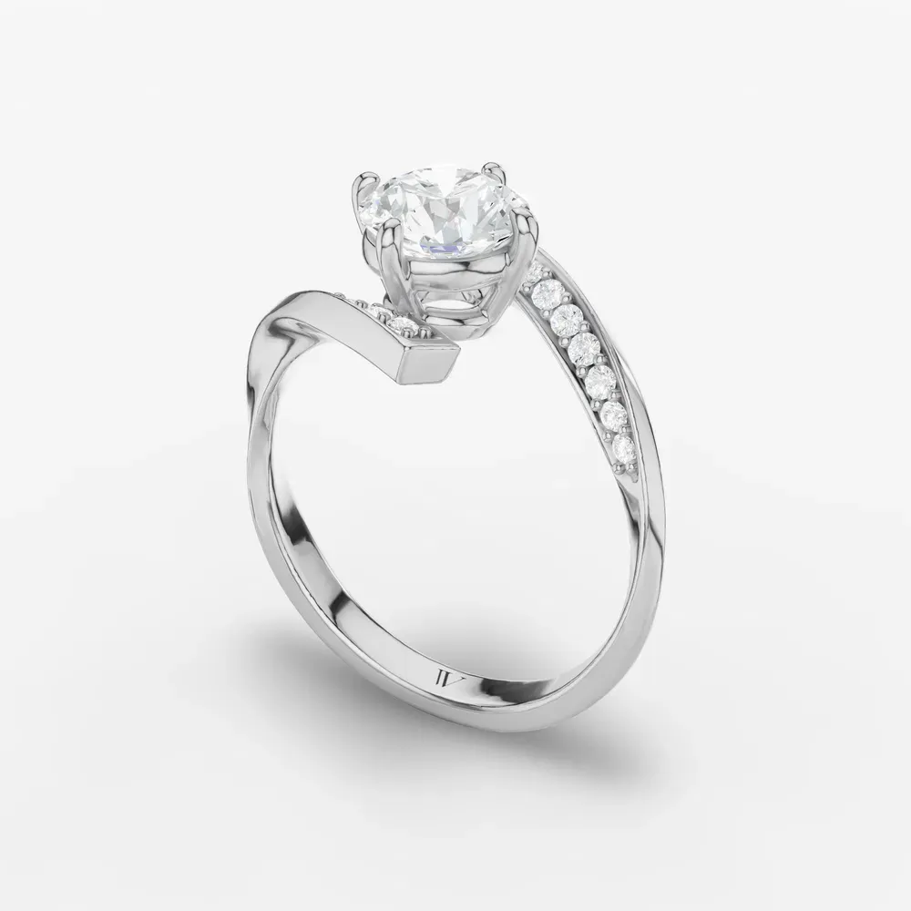 Certified 1 carat Lab Grown Diamond Round Cut Modern, Unique, Pavé Engagement Ring in 14K White Gold-Lirene