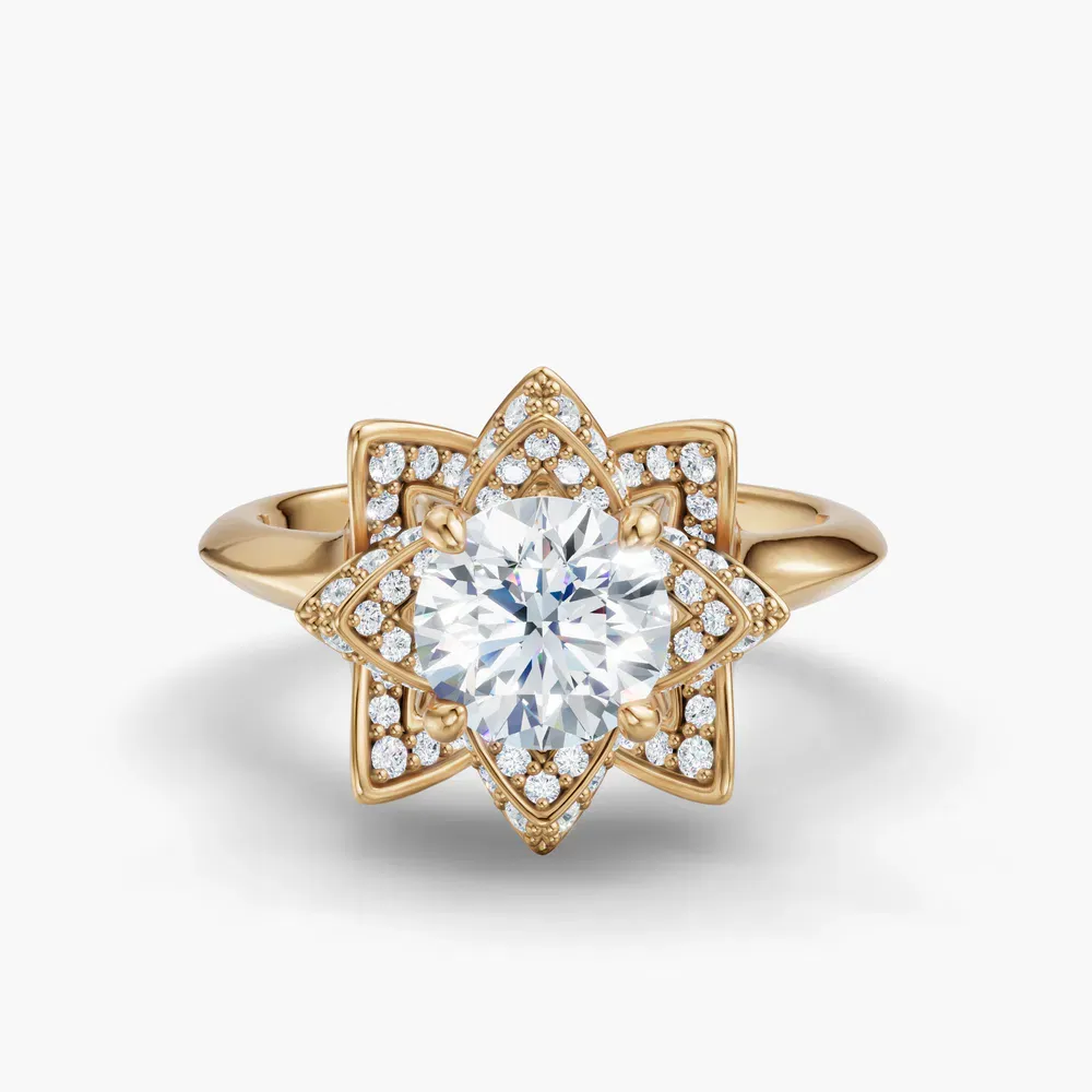 Certified 1 carat Lab Grown Diamond Round Cut Floral, Pavé, Nature inspired Engagement Ring in 14K Yellow Gold-Marova