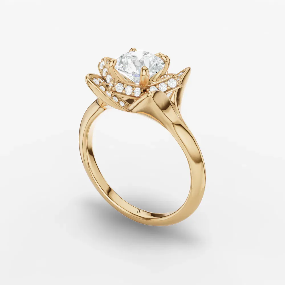 Certified 1 carat Lab Grown Diamond Round Cut Floral, Pavé, Nature inspired Engagement Ring in 14K Yellow Gold-Marova