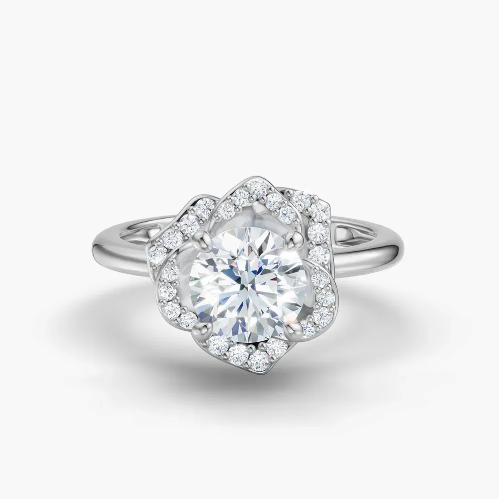 Certified 1 carat Lab Grown Diamond Round Cut Floral, Halo, Four Prong Engagement Ring in 14K White Gold-Brook