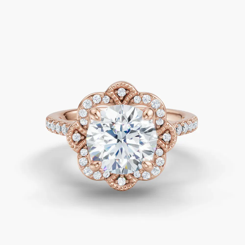 Certified 1 carat Lab Grown Diamond Round Cut Halo, Floral, Vintage Engagement Ring in 14K Rose Gold-Willow