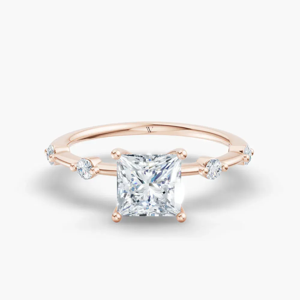 Certified 1 carat Lab Grown Diamond Princess Cut Low profile, Side Stone Engagement Ring in 14K Rose Gold-Hriw
