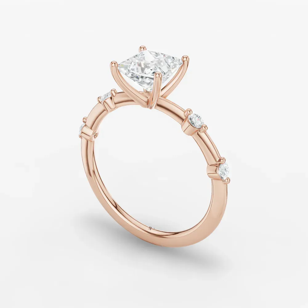 Certified 1 carat Lab Grown Diamond Princess Cut Low profile, Side Stone Engagement Ring in 14K Rose Gold-Hriw