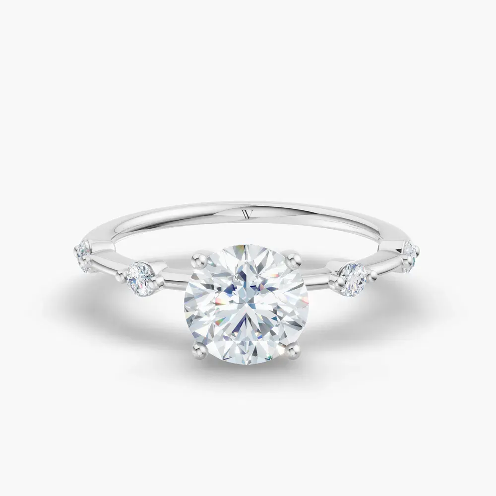 Certified 1 carat Lab Grown Diamond Round Cut Four Prong, Low profile, Side Stone Engagement Ring in 14K White Gold-Hriw