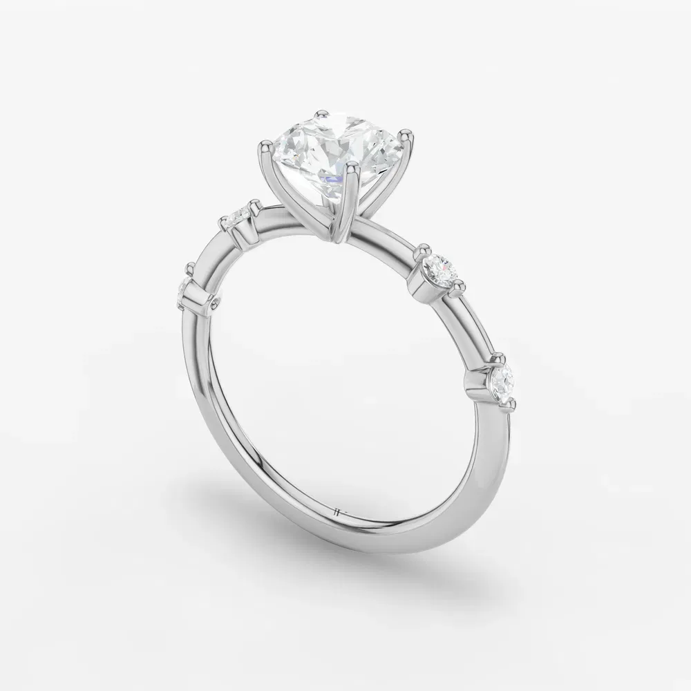 Certified 1 carat Lab Grown Diamond Round Cut Four Prong, Low profile, Side Stone Engagement Ring in 14K White Gold-Hriw