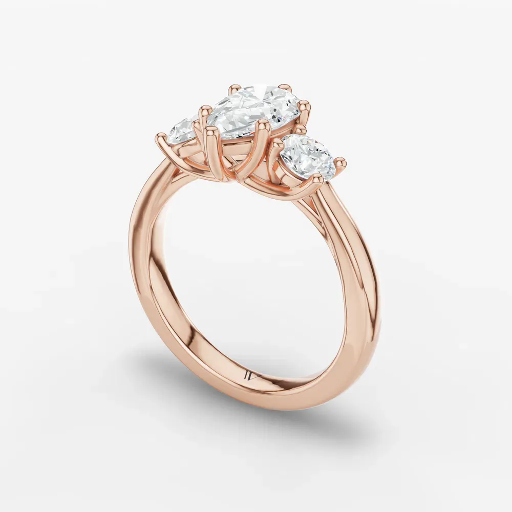 Certified 1 carat Lab Grown Diamond Pear Cut Three Stone, Side Stone, Low profile Engagement Ring in 14K Rose Gold-Valeri