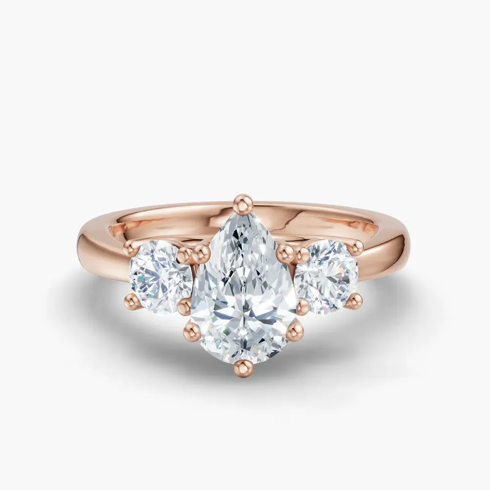 Certified 1 carat Lab Grown Diamond Pear Cut Three Stone, Side Stone, Low profile Engagement Ring in 14K Rose Gold-Valeri