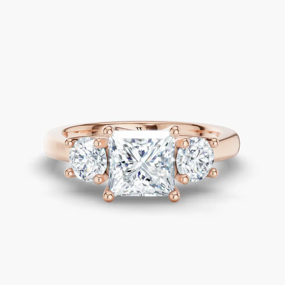 Certified 1 carat Lab Grown Diamond Princess Cut Three Stone, Side Stone, Low profile Engagement Ring in 14K Rose Gold-Valeri