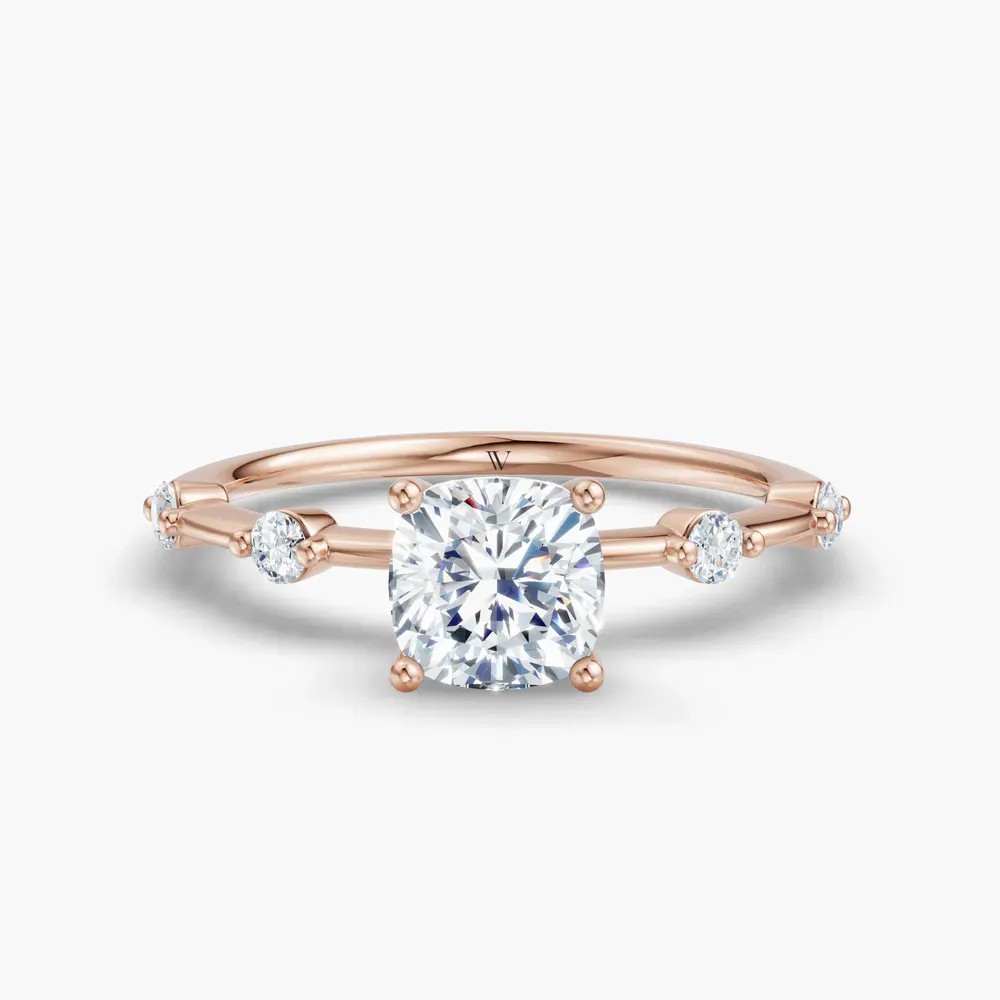 Certified 1 carat Lab Grown Diamond Cushion Cut Low profile, Side Stone Engagement Ring in 14K Rose Gold-Hriw