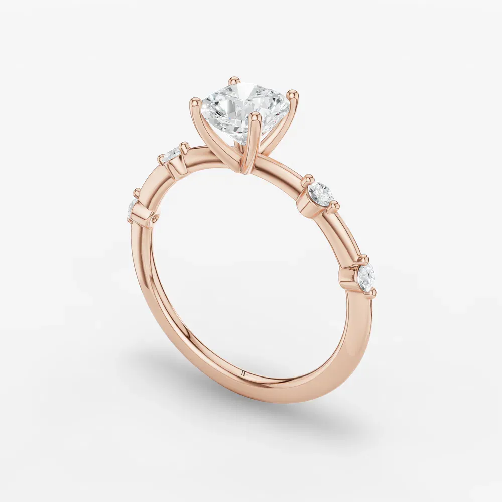Certified 1 carat Lab Grown Diamond Cushion Cut Low profile, Side Stone Engagement Ring in 14K Rose Gold-Hriw