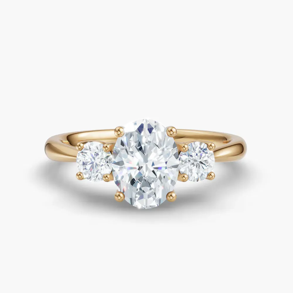 Certified 1 carat Lab Grown Diamond Oval Cut Three Stone, Side Stone, Low profile Engagement Ring in 14K Yellow Gold-Dhyra
