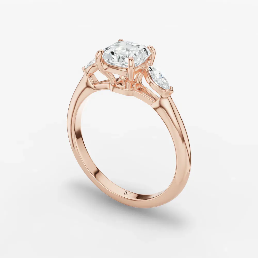 Certified 1 carat Lab Grown Diamond Asscher Cut Three Stone, Side Stone Engagement Ring in 14K Rose Gold-Glow