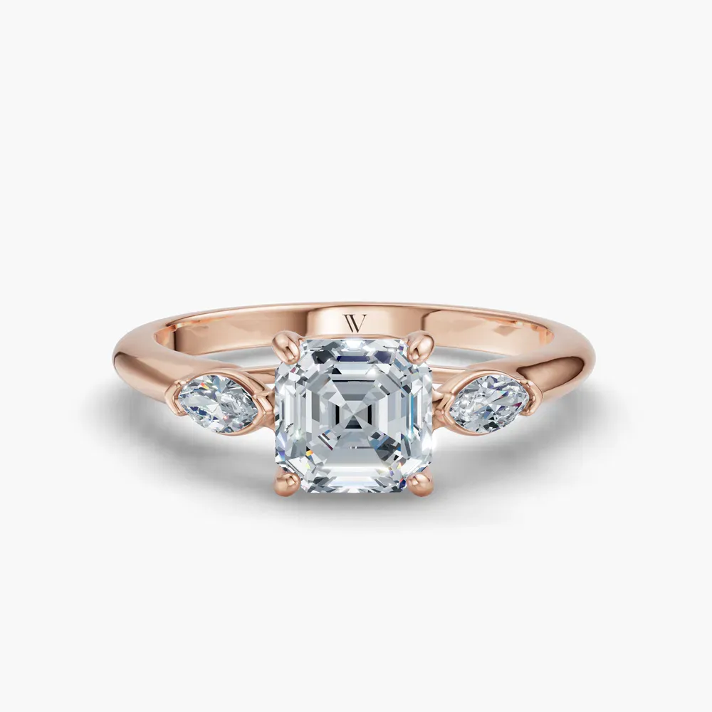 Certified 1 carat Lab Grown Diamond Asscher Cut Three Stone, Side Stone Engagement Ring in 14K Rose Gold-Glow